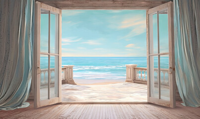  a painting of an open door leading to a beach view.  generative ai