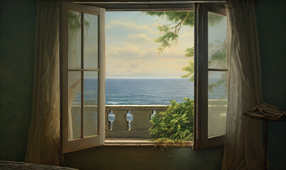  a painting of a bedroom with a view of the ocean.  generative ai