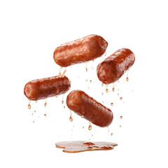 Grill sausages, realistic 3d sausage flying in the air, grilled meat collection, ultra realistic,...