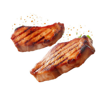 recommend clip art: Grill Pork Chops steaks, realistic 3d brisket flying in the air, grilled meat collection, ultra realistic, icon, detailed, angle view food photo, steak composition