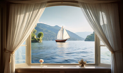  a window with a view of a lake and a sailboat.  generative ai