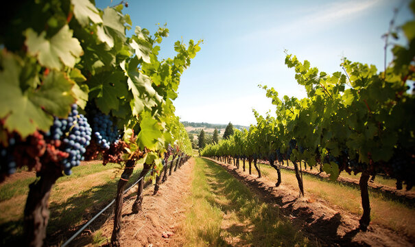  a bunch of grapes are growing on the vine line of a vineyard.  generative ai