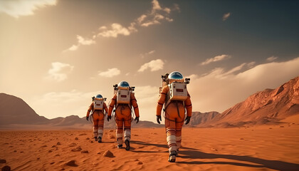 Astronauts on Mars and beautiful spacemen walking on a Red Planet manned expedition. Generative AI.
