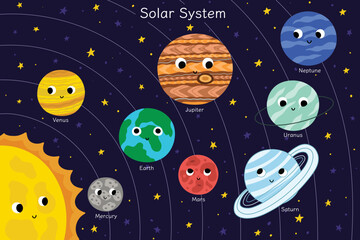 Cute planets educational poster for kids. Solar System learning print in cartoon style with sun and planets orbiting it. Vector illustration - 621477773