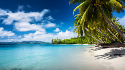 Beautiful fantastic beach on a sunny summer day surrounded by sand beach with palm trees, turquoise water on blue sky with gorgeous white clouds background. Generative AI.