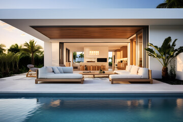 Naklejka premium Architecture image of modern design living room and pool. Generative AI.