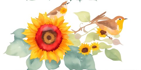 Watercolor drawing, sunflower flower and birds on a white background.