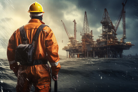 Oil rig worker. rear view.ai generative