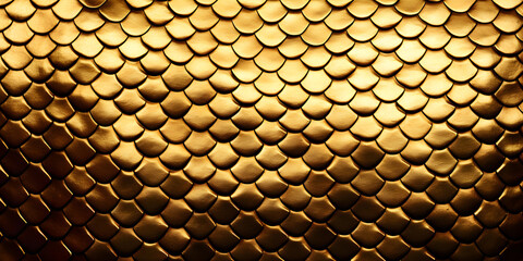 The golden metal texture background of dragon or snake scales. Generative AI.
