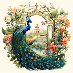 Traditional Mughal garden, arch, peacock, plant and bird illustration