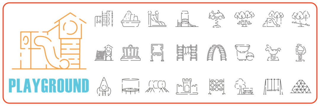 Playground line icon set. Play area for children outdoors, vector linear icons. Line with editable stroke