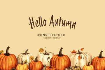 Fototapeta Halloween banner with tradition symbols. Autumn pumpkins illustration obraz
