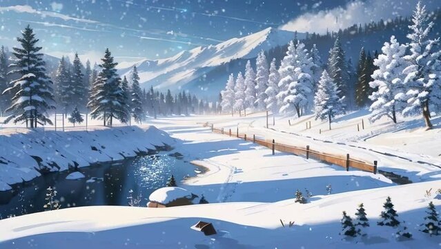 winter mountain landscape with pine forest and sparkling water lake. shooting star. snow rain infinite repeat animation footage. cartoon anime painting style 4k resolution. seamless looping