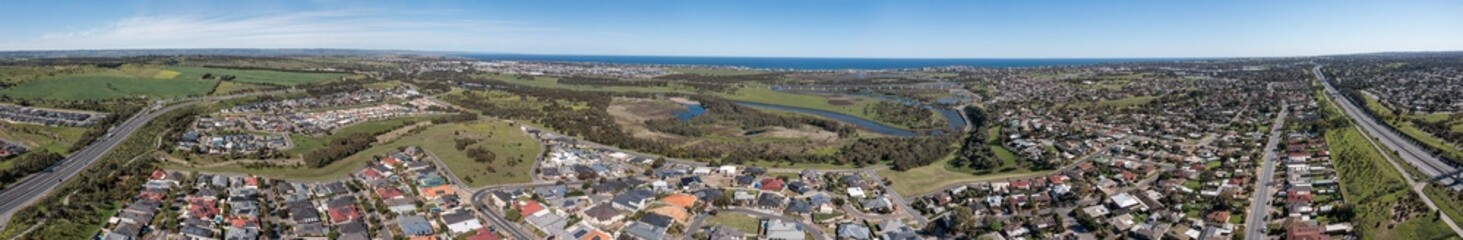 Fototapeta na wymiar Panoramic aerial view of Port Noarlunga coastline and Onkaparinga River, South Australia.