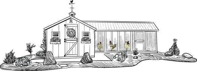 Vintage hand drawn sketch of fancy chicken coop © Cus
