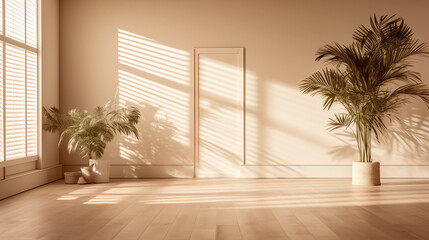Empty beige room interior with palm leaves plant. Modern 3d living room, office or gallery with shadows and sunlight from the window on the wall, realistic illustration. Minimal scene. Generation AI