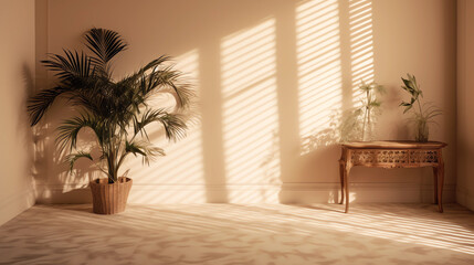 Fototapeta premium Empty beige room interior with palm leaves plant. Modern 3d living room, office or gallery with shadows and sunlight from the window on the wall, realistic illustration. Minimal scene. Generation AI
