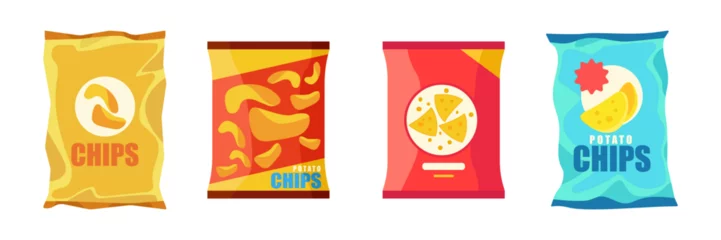 Foto op Aluminium Set of colorful potato chips in cartoon style. Vector illustration of snacks with different sauces and flavors on white background © Cavid