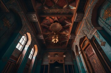 arabic architecture by sahebjabbar ali, in the style of illusory wallpaper portraits, 32k uhd, sculptural aesthetics, intricate ceiling designs, soft focus lens, colorful woodcarvings , generative AI