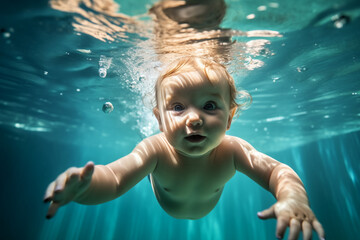 baby swimming underwater in the swimming pool, AI generated