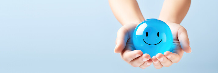 Hand hold blue happy face ball