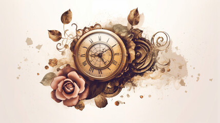 Floral, vintage background, peony, flover, products, enginer, generative, ai, steampunk,clockwork, brooch, rose