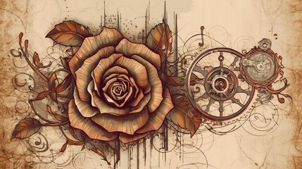 Floral, vintage background, peony, flover, products, enginer, generative, ai, steampunk,clockwork, brooch, rose