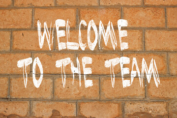 WELCOME TO TEAM text concept painted on brick wall 