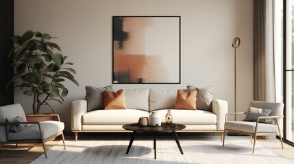 Stylish Living Room Interior with an Abstract Frame Poster, Modern Interior Design, 3D Render, 3D Illustration