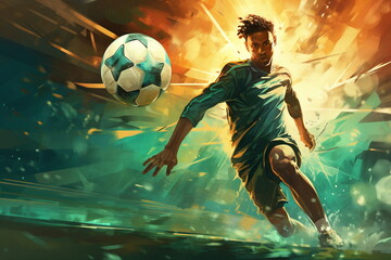 Comic Fußballspieler auf der Jagd nach dem Ball, 1,  AI generiert