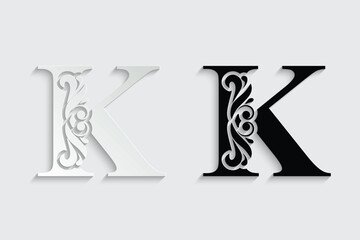letter K. Black flower alphabet. Beautiful capital letters with shadow	
