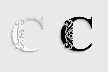 letter C. Black flower alphabet. Beautiful capital letters with shadow	
