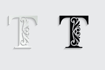 Fototapeta premium letter T. Black flower alphabet. Beautiful capital letters with shadow 