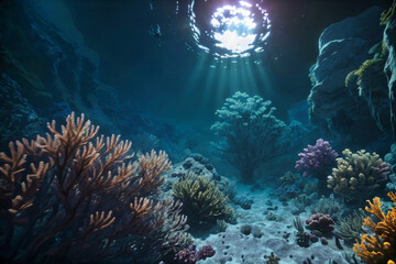 Obraz na płótnie Canvas Undewater world landscape, reef, sea bottom with corals and seaweeds 