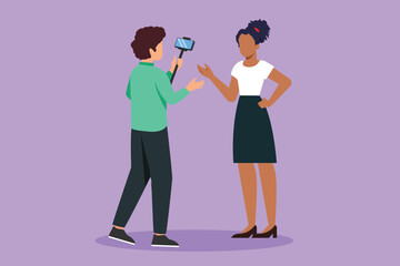 Graphic flat design drawing active pretty girl makes video blog with cameraman on the street. Young woman blogger, journalist filming with smartphone, videographer. Cartoon style vector illustration