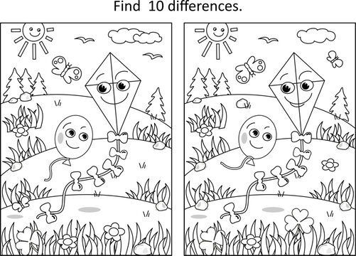 Difference game and coloring page activity with kite and balloon friends flying outdoor
