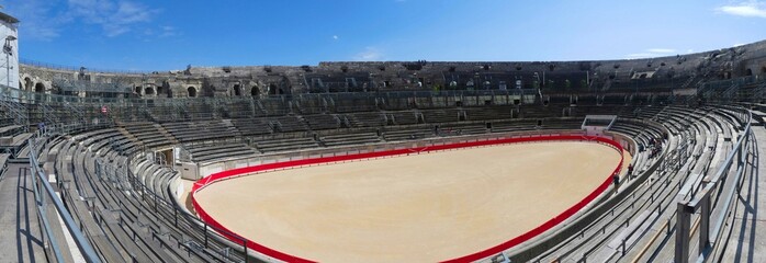 Nîmes, May 2023 : Visit the beautiful city of Nîmes en Provence - Historical city with its arena and ancient theater - View on the arena