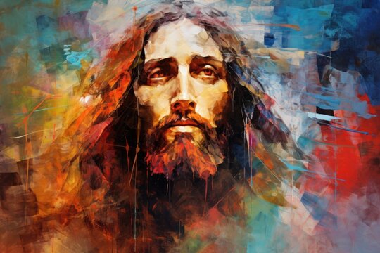 Jesus Christ on abstract colorful background. Digital painting. 3D rendering