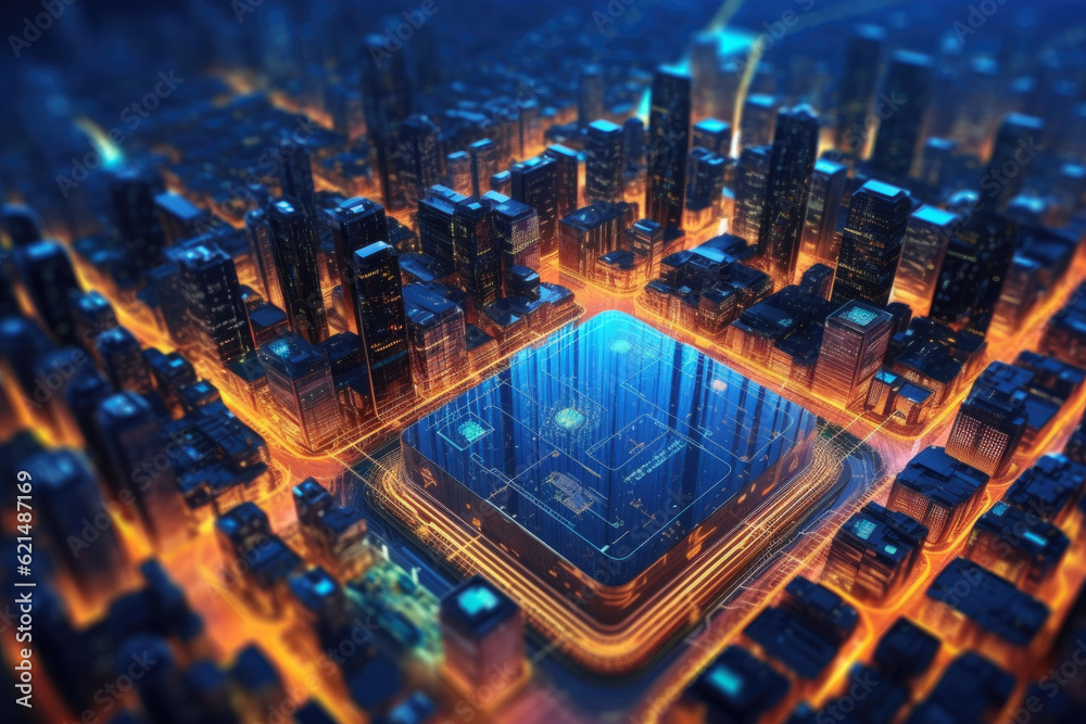 Poster Computer Motherboard With a CPU Processor in the Shape of an Abstract Digital City extreme closeup. Generative AI