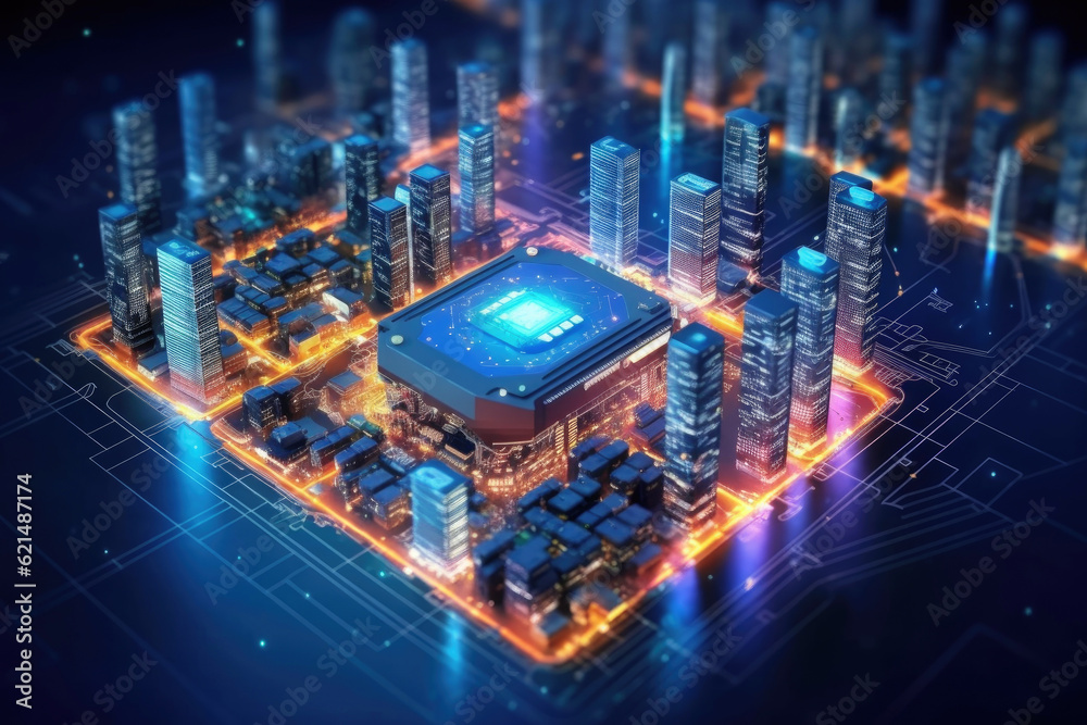 Poster Computer Motherboard With a CPU Processor in the Shape of an Abstract Digital City extreme closeup. Generative AI