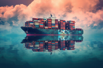 Business Logistics Concept. Container Ship at Sea Surrounded by Cloud Sky extreme closeup. Generative AI