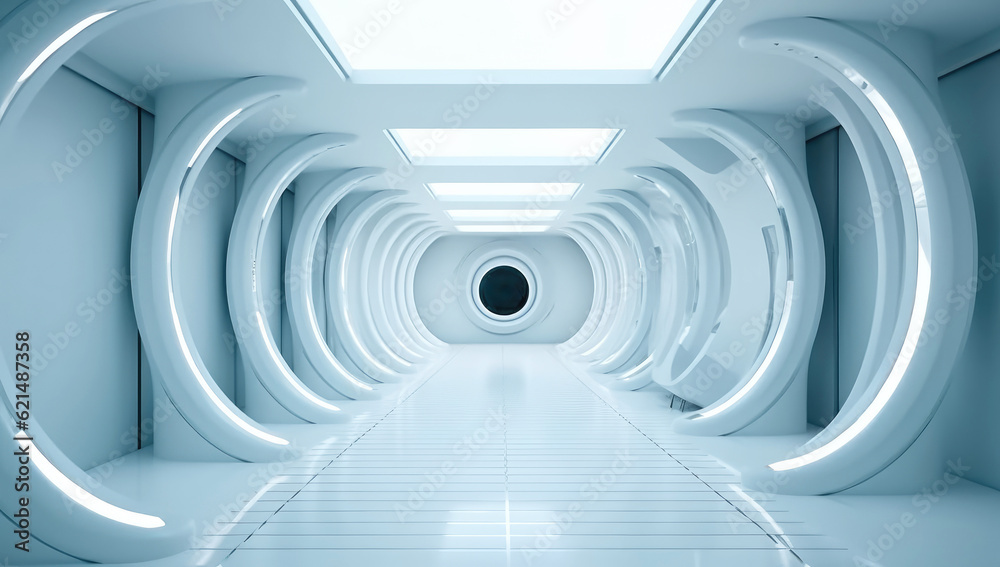 Poster futuristic empty white tunnel with a light from the end extreme closeup. generative ai