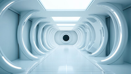 Obraz premium Futuristic Empty White Tunnel with a Light from the End extreme closeup. Generative ai
