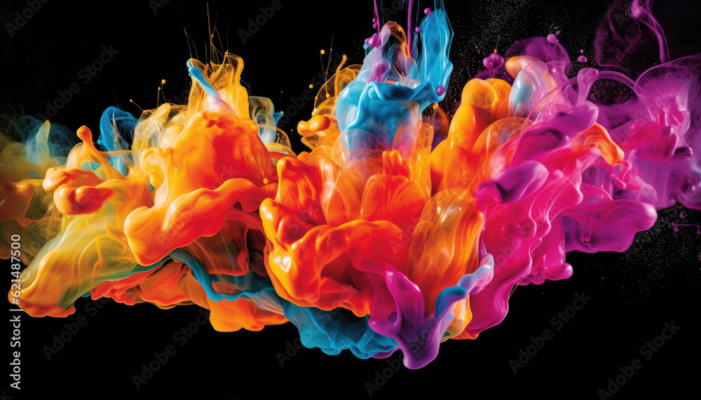 Poster abstract color paint splash drops in water on a black background. generative ai