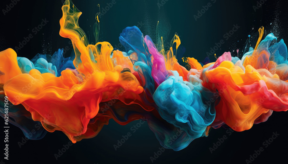 Poster abstract color paint splash drops in water on a black background. generative ai