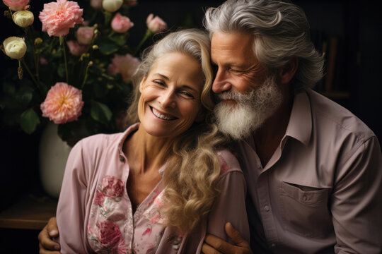 Romantic Happy senior adult mature classy couple hugging and smiling, bonding, thinking of good future. Carefree cheerful mid age old husband embracing wife in love