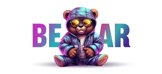 Teddy bear in holographic jacket for graphic t-shirt design, slogan with bear doll. Vector illustration for t-shirt