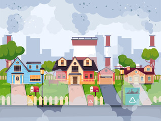 Air city polluted factory toxic smog dust carbon concept. Vector graphic design illustration