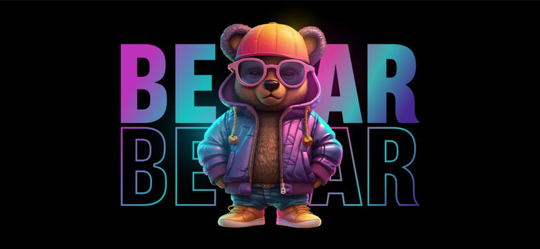 Teddy bear in holographic jacket for graphic t-shirt design, slogan with bear doll. Vector illustration for t-shirt