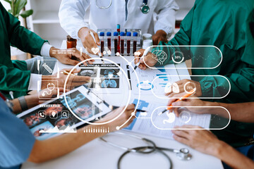 Medical technology network team meeting concept. Doctor hand working with smart phone modern digital tablet and laptop computer with graphics chart interface, with virtual icon diagram.